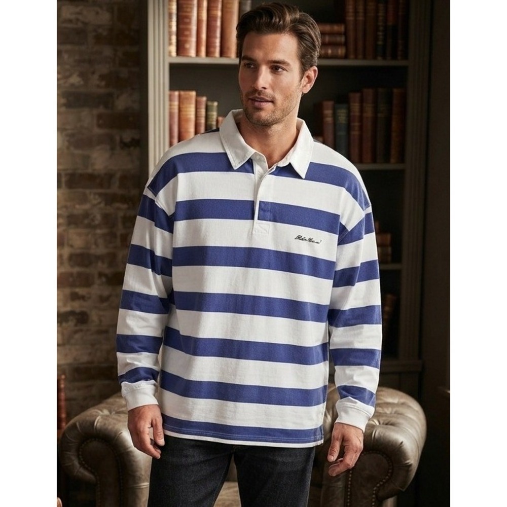 Vintage Eddie Bauer EBTEK Rugby Shirt Mens XL Tall Blue White Cotton Striped 90s